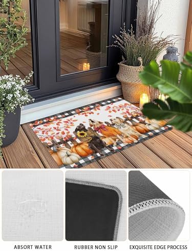 Fall Door Mat Orange Pumpkin Dog Doormat Bow Puppy Maple Leaves Fence Plaid Harvest Thanksgiving Welcome Mat Non Slip Entryway Front Rug Floor Mat for Indoor Outdoor Kitchen Autumn Holiday Decor 20x32