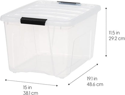 IRIS USA 40 Qt Stackable Plastic Storage Bins with Lids, 4 Pack - BPA-Free, Made in USA - See-Through Organizing Solution, Latches, Durable Nestable Containers, Secure Pull Handle - Clear
