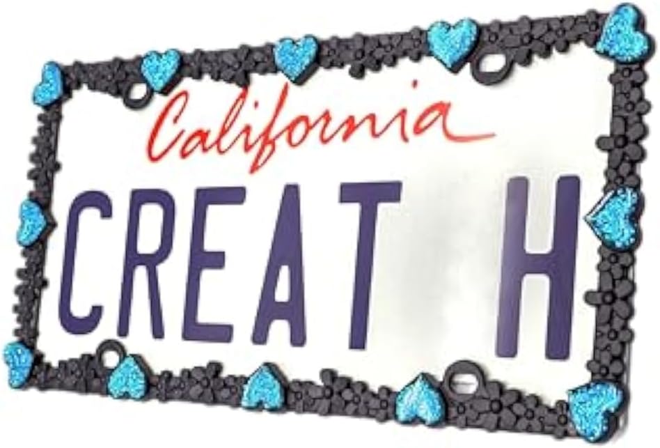 Creathome 3D Shining Daisy Heart License Plate Frame from Pure Zinc Alloy Metal Perfect Plate Holder, Matt Black with Blue Glitter, Luminously Heart