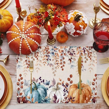 Fall Thanksgiving Placemat, Watercolor Autumn Pumpkins Eucalyptus Leaves Heat Resistant Washable Linen Table Place Mats Party Holiday Decor for Home Kitchen Dining Outdoor Indoor,Blue Orange