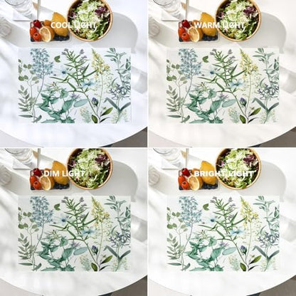Batmerry Summer Green Sage Linen Placemats Set of 4, Vintage Plant Leaves Elegant Blue Wild Flowers Washable Table Mats for Kitchen Table Thickened Heat Insulation Dining Set Indoor Outdoor 12X18 in