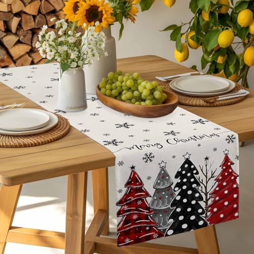 Red Black Christmas Tree Table Runner Dresser Scarf 13 x 36 Inch Polka Dots Xmas Tree Snowflake Linen Table Runners Non-Slip Heat Resistant Kitchen Dining Table Decor for Home Holidays Indoor Outdoor
