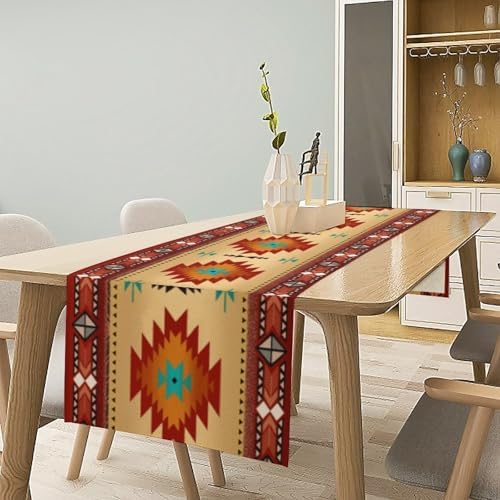 Aztec Southwest Table Runner, Ethnic Style Geometric Triditional Kitchen Table Runners Table Setting Decor for Garden Farmhouse Wedding Party Holiday Dinner Home, 13x120 Inch