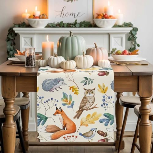 Fall Table Runner Autumn Animal Table Runners Harvest Thanksgiving Owl Bird Fox Leaves Cotton Linen Dresser Scarf Kitchen Dining Table Decor for Autumn Holiday Party Coffee 13x48 Inch