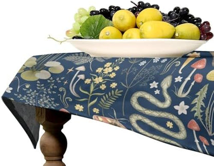 Fairy Forest Tablecloth, Retro Dark Blue Woodland Wildlife Owl Squirrel Print Rustic Flowers Mushrooms Table Cloth for Outdoor Picnic Home Dining Kitchen Table Decor 60x110in