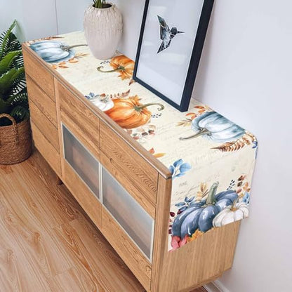 Fall Pumpkin Table Runner Dresser Scarf 13 x 48 Inch Blue Orange Maple Leaf Rustic Table Runners Non-Slip Heat Resistant Kitchen Dining Table Decor for Autumn Thanksgiving Holidays Indoor Outdoor