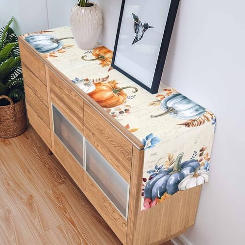 Fall Pumpkin Table Runner Dresser Scarf 18 x 72 Inch Blue Orange Maple Leaf Rustic Table Runners Non-Slip Heat Resistant Kitchen Dining Table Decor for Autumn Thanksgiving Holidays Indoor Outdoor