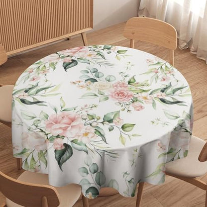 Pink Flowers Tablecloth, Watercolor Sage Green Eucalyptus Leaves Branches Floral Print Table Cloth for Picnic Party Dining Room Home Decor, 50x50in