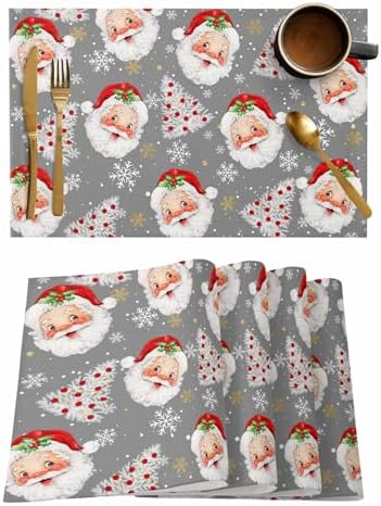 Grey Christmas Placemats Set of 6, Santa Claus Merry Christmas Tree Heat Resistant Washable Table Place Mats Winter Snowflake Cotton Table Linens Party Holiday Decor for Kitchen Dining Outdoor Indoor
