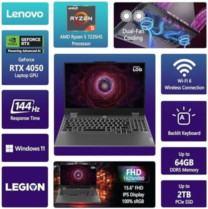 Lenovo LOQ Gaming Laptop | 15.6" FHD IPS 144Hz (100% sRGB G-SYNC) | AMD Ryzen 5 7235HS | 64GB DDR5 2TB SSD | NVIDIA GeForce RTX 4050 6GB | Backlit Wi-Fi 6 Privacy Camera Win11 w/DLCA Accessory
