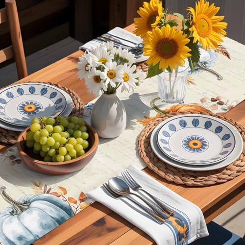 Fall Orange Blue Pumpkin Table Runner Dresser Scarf 13 x 72 Inch Eucalyptus Leaf Retro Thanksgiving Table Runners Non-Slip Heat Resistant Kitchen Dining Table Decor for Autumn Holidays Indoor Outdoor