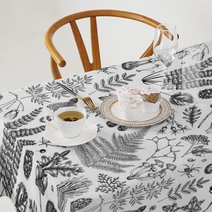Vintage Mushroom Tablecloth, Black White Nature Forest Fern Leaves Autumn Plants Botanical Print Table Cover for Home Dining Decor Kitchen Party Outdoor 60x120in