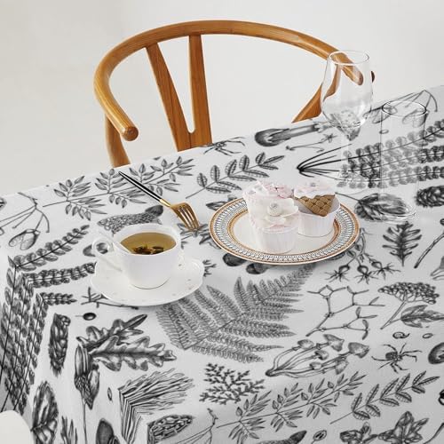 Vintage Mushroom Tablecloth, Black White Nature Forest Fern Leaves Autumn Plants Botanical Print Table Cover for Home Dining Decor Kitchen Party Outdoor 60x110in