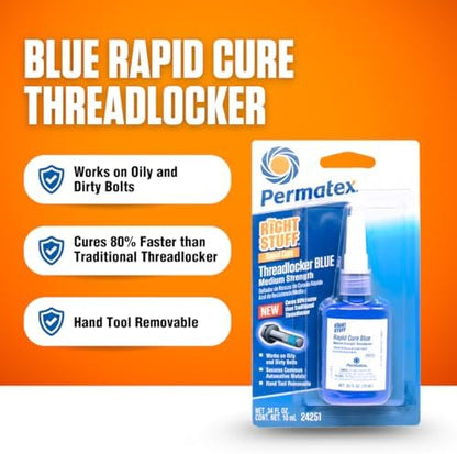 Permatex The Right Stuff Rapid Cure Blue Threadlocker 24251, Works on Oily & Dirty Fasteners, Automotive, Industrial & Hardware Use, Sets in 15m Cures in 4h, 10 ml