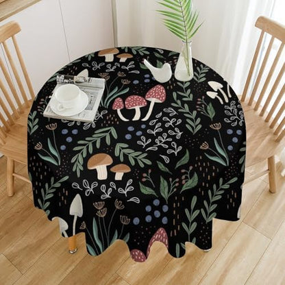 Mushroom Tablecloth, Cartoon Green Leaves Mushroom Wildflower Plant Botanical Herb Nature Garden Print Table Cloth for Home Kitchen Outdoor Party Picnic Wedding Decor, 36x36in