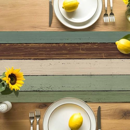 Green Brown Wood Grain Table Runner Dresser Scarf 13 x 72 Inch Vintage Mottled Board Striped Farm Table Runners Non-Slip Heat Resistant Kitchen Dining Table Decor for Home Holidays Indoor Outdoor