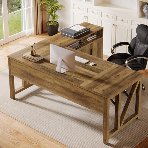 Tribesigns L Shaped Desk with Drawer Cabinet, 63" Executive Computer Desk and lateral File Cabinet, 2 Piece Home Office Furniture with Drawers for Hanging, Door