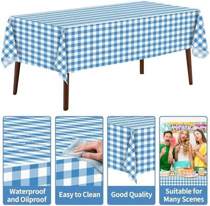 CXPSINC 54 Inch X 100 Feet Plastic Table Cover Roll Disposable Tablecloth with Slide Cutter for All Type/Shape Tables | Party, Banquet, Birthdays, Weddings(Blue Checkered, 100 Feet)