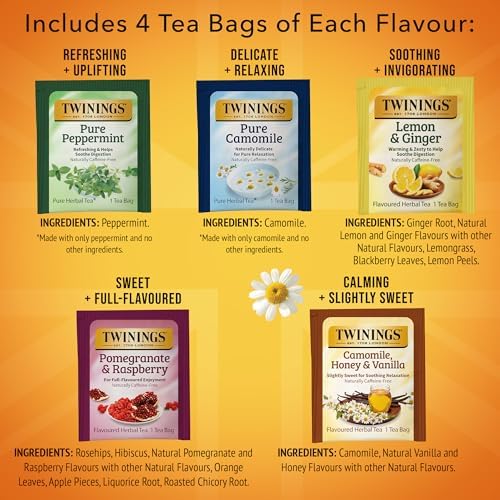 Twinings Herbal Tea Variety Pack, Assorted Tea Bags, 20 CT Box (1 Pack)