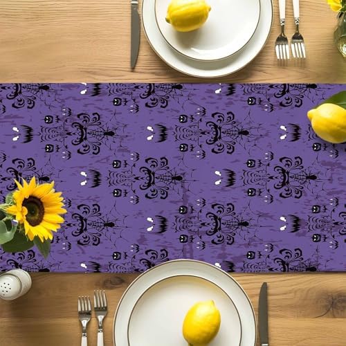 Halloween Haunted Table Runner Dresser Scarf 13 x 108 Inch Purple Black Ghost House Mansion Table Runners Non-Slip Heat Resistant Kitchen Dining Table Decor for Halloween Holidays Indoor Outdoor