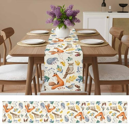 Fall Table Runner Autumn Animal Table Runners Harvest Thanksgiving Owl Bird Fox Leaves Cotton Linen Dresser Scarf Kitchen Dining Table Decor for Autumn Holiday Party Coffee 13x70 Inch