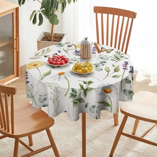 Watercolor Wildflowers Tablecloth, Summer Daisy Lavender Eucalyptus Branches Leaves Print Table Cover for Tea Party Weddings Indoor Outdoor Dining, 36x36in