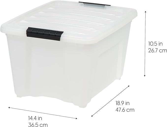 IRIS USA 32 Qt Stackable Plastic Storage Bins with Lids, 4 Pack - BPA-Free, Made in USA - Discreet Organizing Solution, Latches, Durable Nestable Containers, Secure Pull Handle - Pearl