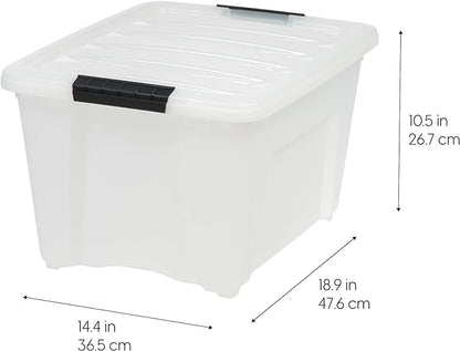 IRIS USA 32 Qt Stackable Plastic Storage Bins with Lids, 4 Pack - BPA-Free, Made in USA - Discreet Organizing Solution, Latches, Durable Nestable Containers, Secure Pull Handle - Pearl