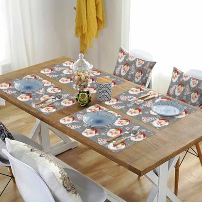Grey Christmas Placemats Set of 6, Santa Claus Merry Christmas Tree Heat Resistant Washable Table Place Mats Winter Snowflake Cotton Table Linens Party Holiday Decor for Kitchen Dining Outdoor Indoor