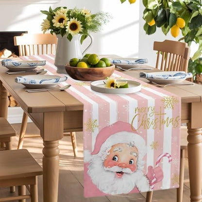 Pink Santa Claus Table Runner Dresser Scarf 13 x 36 Inch Merry Christmas Candy Snowflake White Striped Table Runners Non-Slip Heat Resistant Kitchen Dining Table Decor for Home Holidays Indoor Outdoor
