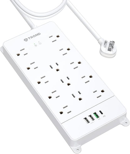 TROND Surge Protector Power Strip 10 ft, Flat Plug Long Extension Cord, 13 Wide Spaced Outlets, 4000 Joules, 32W Quick Charge 3.0 & USB C, Wall Mount, Under Desk, Heavy Duty, ETL Listed, White