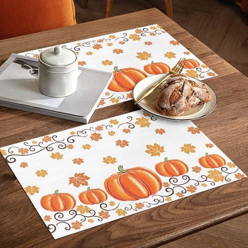 Fall Maple Leaves Placemats Set of 6, Thanksgiving Watercolor Pumpkins Heat Resistant Washable Table Place Mats Orange Cotton Table Linens Party Holiday Decor for Home Kitchen Dining Outdoor Indoor,