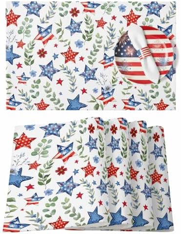 4th of July Placemats Set of 6, Patriotic Star Floral Place Mats Independence Day Dining Table Mats Holiday Party Memorial Day Decor for Kitchen&Linens Outdoor Indoor, Green Eucalyptus Leaves