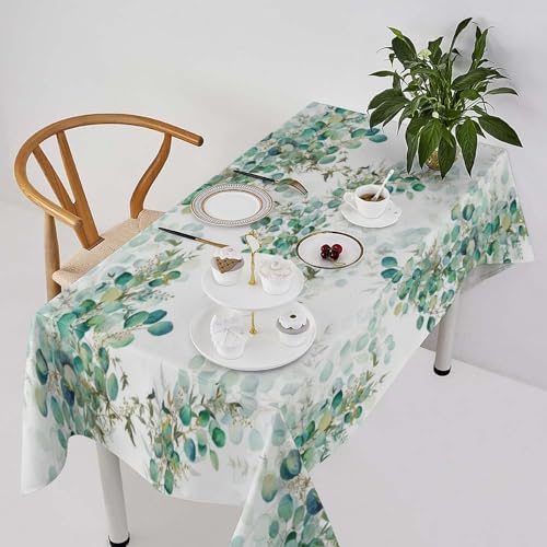 Spring Botanical Tablecloth, Watercolor Sage Green Eucalyptus Leaves Print Table Cloth Cover for Kitchen Dining Indoor Outdoor Decor 55x75in
