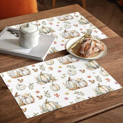 Fall Floral Leaves Placemats Set of 6, Thanksgiving Pumpkins Heat Resistant Washable Table Place Mats Boho Cotton Table Linens Party Holiday Decorations for Home Kitchen Dining Table Outdoor Indoor,