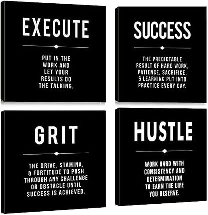 Motivational Grit Success Execute Hustle Quotes Canvas Wall Art -Inspirational Office Wall Art Poster Quotes - Canvas Artwork Picture Print Framed for Home Bedroom Office Wall Decor-12 x12 x4pcs