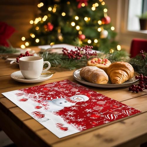 Christmas Placemats Set of 6, Snowman Heat Resistant Washable Dining Table Mats Xmas Holiday Farmhouse Decor for Kitchen&Linens Outdoor Indoor, Snowflake Red Christmas Balls