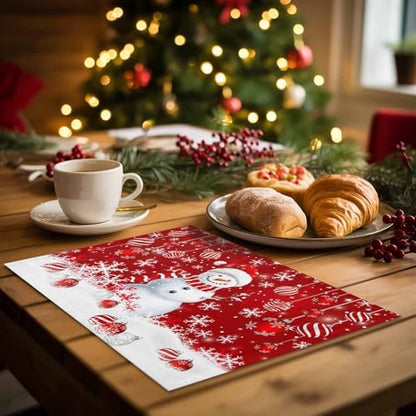 Christmas Placemats Set of 6, Snowman Heat Resistant Washable Dining Table Mats Xmas Holiday Farmhouse Decor for Kitchen&Linens Outdoor Indoor, Snowflake Red Christmas Balls