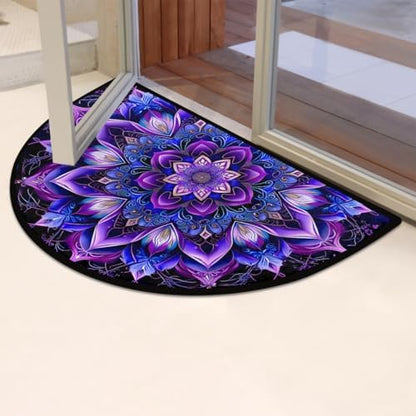 Half Round Door Mat Mandala Ethnic Boho Non Slip Washable Semi Circle Area Rug Absorbent Soft Half Moon Rug Floor Mat for Indoor Outdoor Kitchen Bathroom Patio Front Door Mat Decor