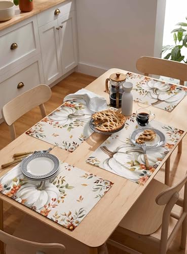 Fall Floral Leaves Placemat, Thanksgiving Pumpkins Heat Resistant Washable Table Place Mats Boho Cotton Table Linens Party Holiday Decorations for Home Kitchen Dining Table Outdoor Indoor,