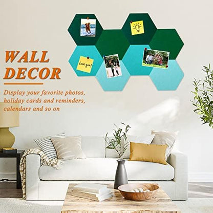 8Pcs Hexagon Felt Cork Board Tiles, Self Adhesive DIY Bulletin Board Pin Board for Office School Home Wall Decor Stickers Memos Photos Display (Gradual Green)