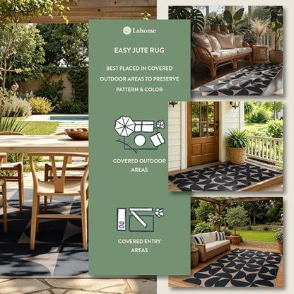 Lahome Semi Circle Front Porch Rug, Black 3x5 Easy Jute Outdoor Patio Rug