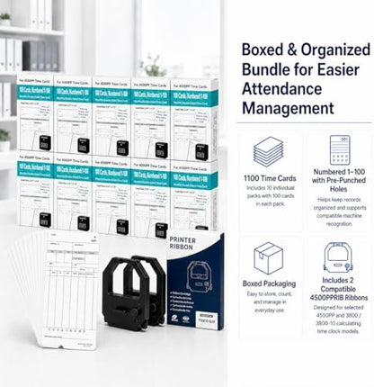 1100 Time Cards Compatible with Nile 4500PP/4500PP10 & Pyramid 3800/3800-10 Time Clocks, Numbered 1-100 Monthly Double-Sided Timecards for Employees, 3.37" x 7.37"