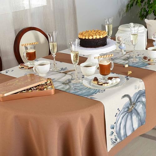Fall Pumpkin Table Runner Dresser Scarf 13 x 36 Inch White Blue Leaves Rustic Table Runners Non-Slip Heat Resistant Kitchen Dining Table Decor for Autumn Thanksgiving Holidays Indoor Outdoor