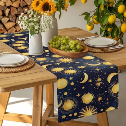 Fantasy Galaxy Table Runner Dresser Scarf 13 x 72 Inch Golden Planet Universe Sun Moon Stars Retro Table Runners Non-Slip Heat Resistant Kitchen Dining Table Decor for Home Holidays Indoor Outdoor