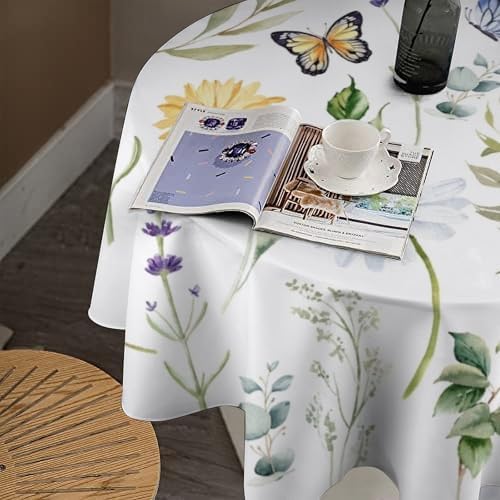 Watercolor Wildflowers Tablecloth, Summer Daisy Lavender Eucalyptus Branches Leaves Print Table Cover for Tea Party Weddings Indoor Outdoor Dining, 50x50in