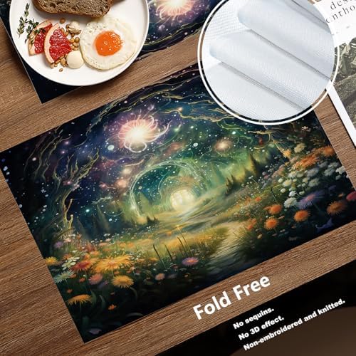 Batmerry Magical Forest Path Glowing Lights Linen Placemats Set of 4, A Mystical Forest At Night Washable Table Mats for Kitchen Table Thickened Heat Insulation Dining Set Indoor Outdoor 12X18 in
