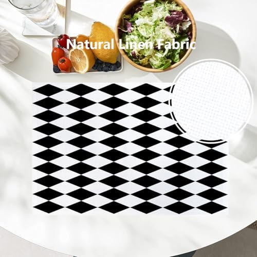 Batmerry Black White Diamond Linen Placemats Set of 8, Art Black and White Harlequin Washable Table Mats for Kitchen Table Thickened Heat Insulation Dining Set Indoor Outdoor 12X18 in