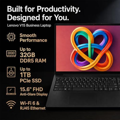 Lenovo 2026 V15 Slim Business Laptop, 15.6" FHD Display, Powerful Intel Quad-Core Processor, 8GB DDR5 RAM, 1TB SSD, Wi-Fi 6, Ethernet(RJ45), HDMI, 8-Hour Battery, Windows 11 Pro, MS 365 for the Web
