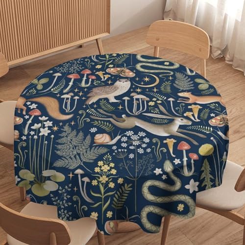 Fairy Forest Tablecloth, Retro Dark Blue Woodland Wildlife Owl Squirrel Print Rustic Flowers Mushrooms Table Cloth for Outdoor Picnic Home Dining Kitchen Table Decor, 60x60in